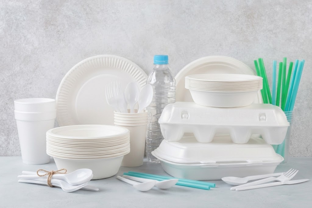 Sanitary food service packaging stock, including cups, cutlery, and bottles